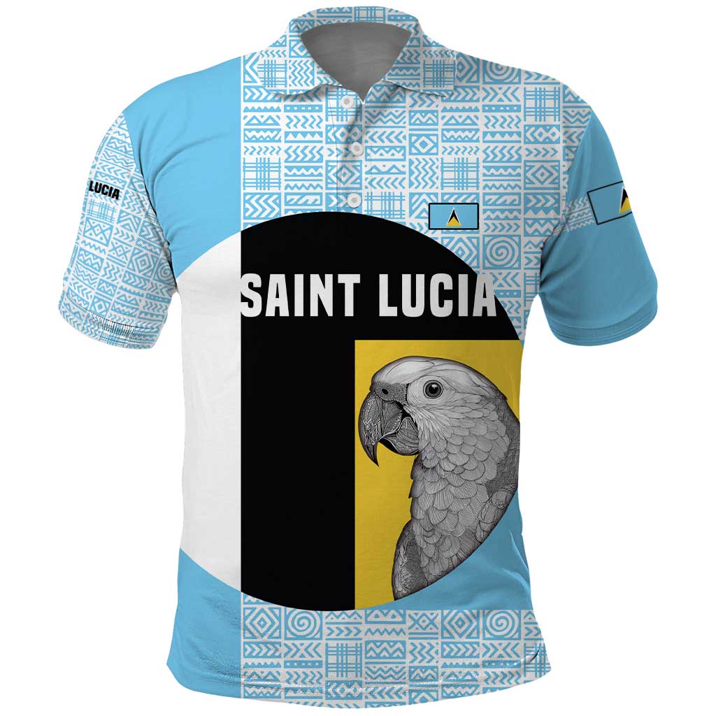 Saint Lucia Graphic Parrot Polo Shirt with Tribal Pattern and Minimalist Blue Black Design - Wonder Print Shop