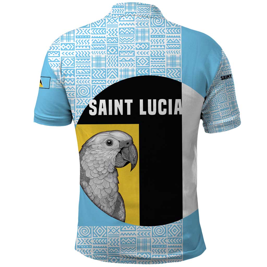 Saint Lucia Graphic Parrot Polo Shirt with Tribal Pattern and Minimalist Blue Black Design - Wonder Print Shop