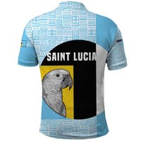 Saint Lucia Graphic Parrot Polo Shirt with Tribal Pattern and Minimalist Blue Black Design - Wonder Print Shop