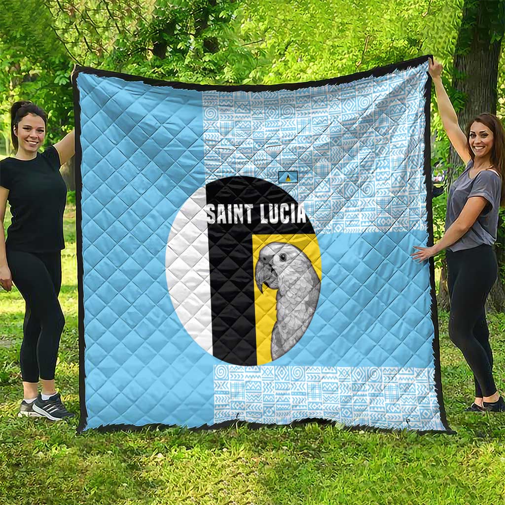 Saint Lucia Graphic Parrot Quilt with Tribal Pattern and Minimalist Blue Black Design - Wonder Print Shop