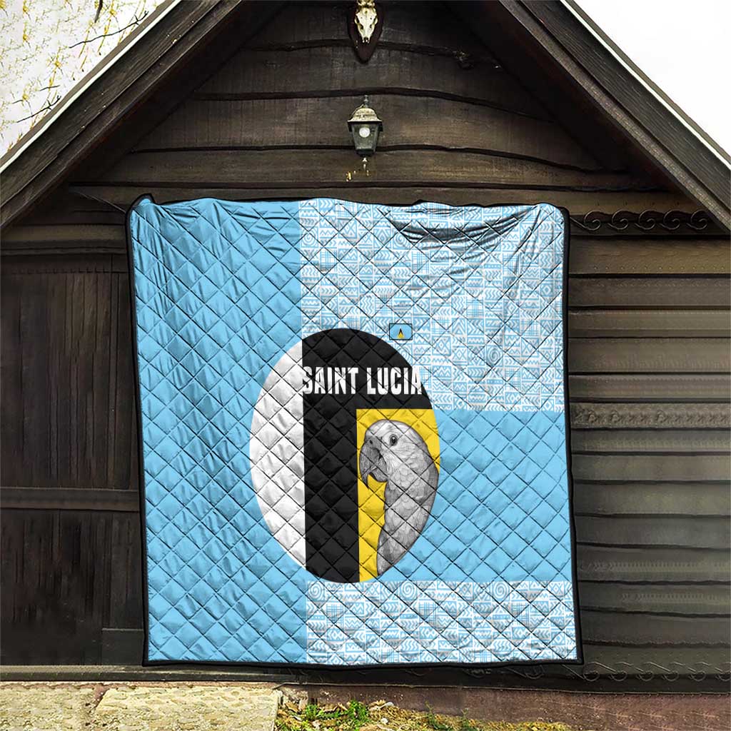 Saint Lucia Graphic Parrot Quilt with Tribal Pattern and Minimalist Blue Black Design - Wonder Print Shop