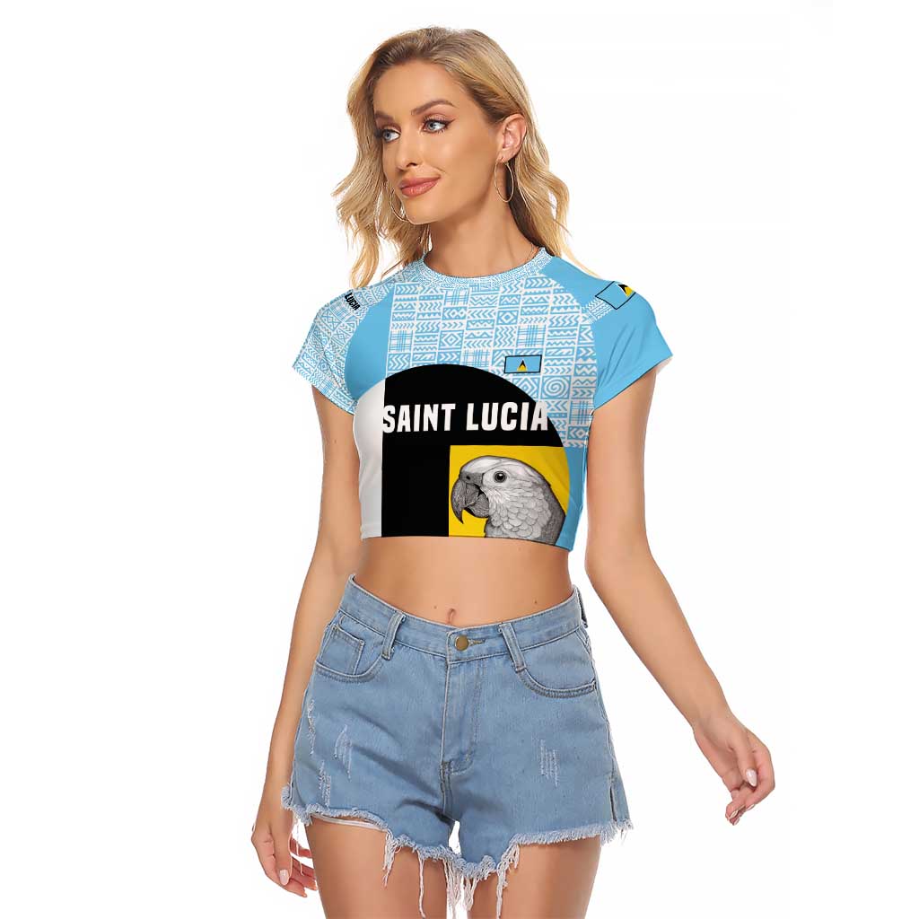 Saint Lucia Graphic Parrot Raglan Cropped T Shirt with Tribal Pattern and Minimalist Blue Black Design - Wonder Print Shop