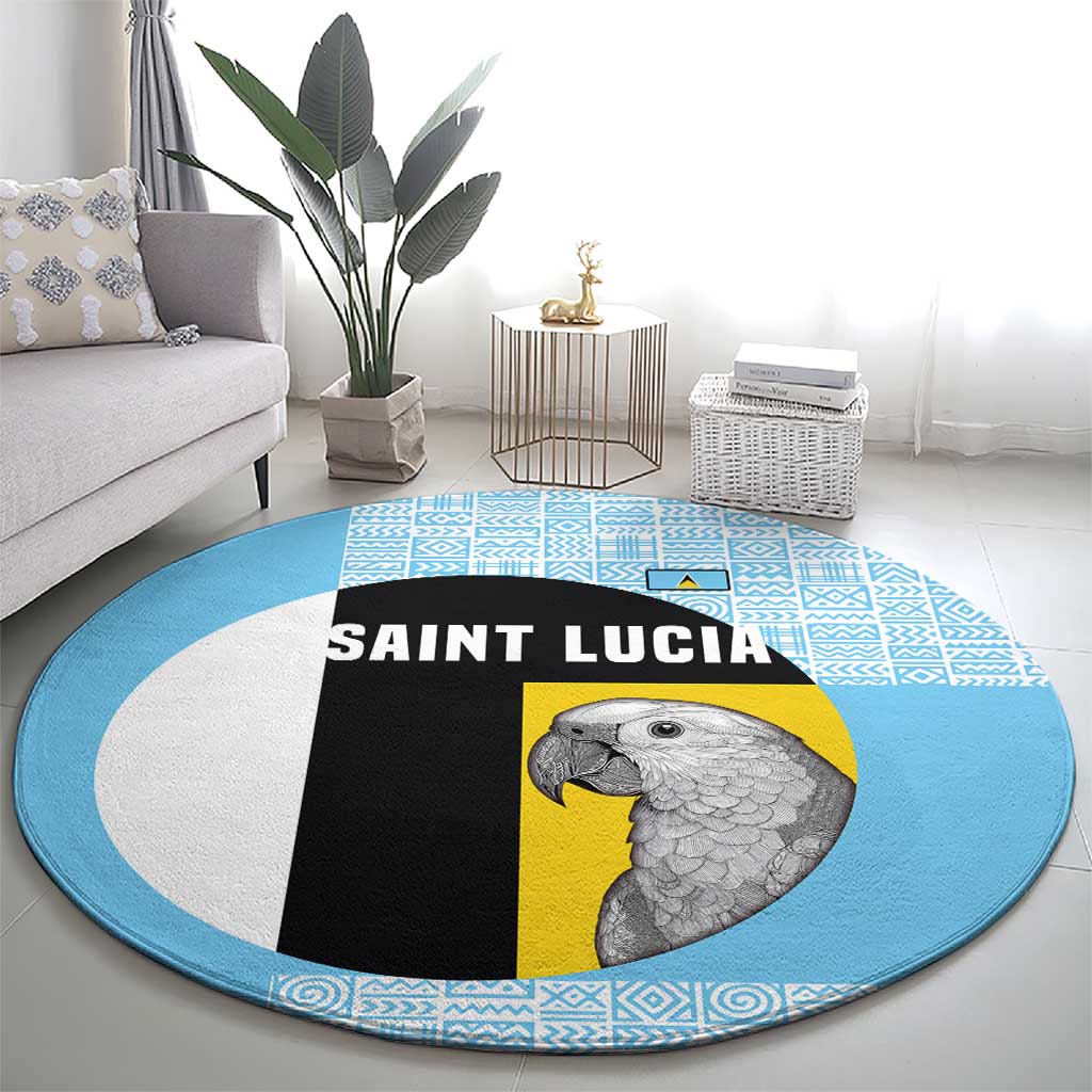 Saint Lucia Graphic Parrot Round Carpet with Tribal Pattern and Minimalist Blue Black Design - Wonder Print Shop