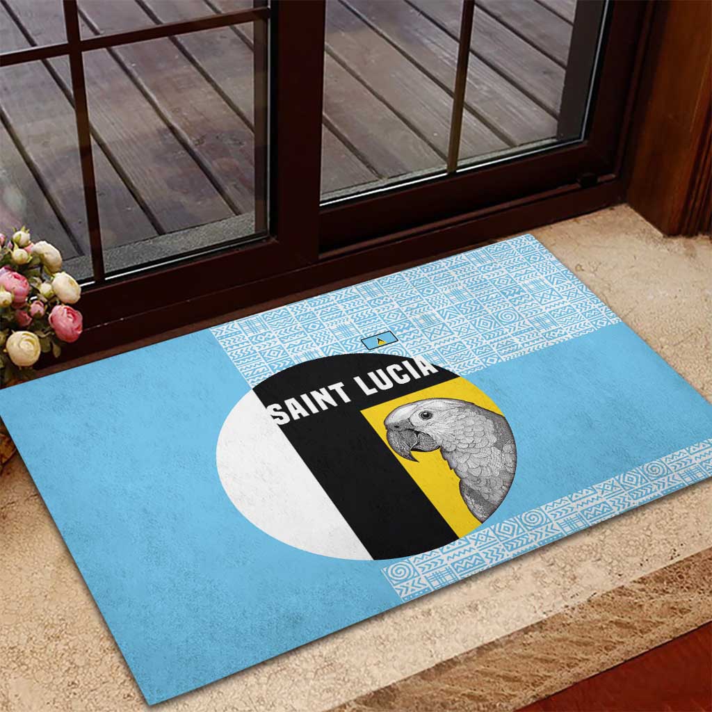 Saint Lucia Graphic Parrot Rubber Doormat with Tribal Pattern and Minimalist Blue Black Design - Wonder Print Shop