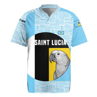 Saint Lucia Graphic Parrot Rugby Jersey with Tribal Pattern and Minimalist Blue Black Design - Wonder Print Shop