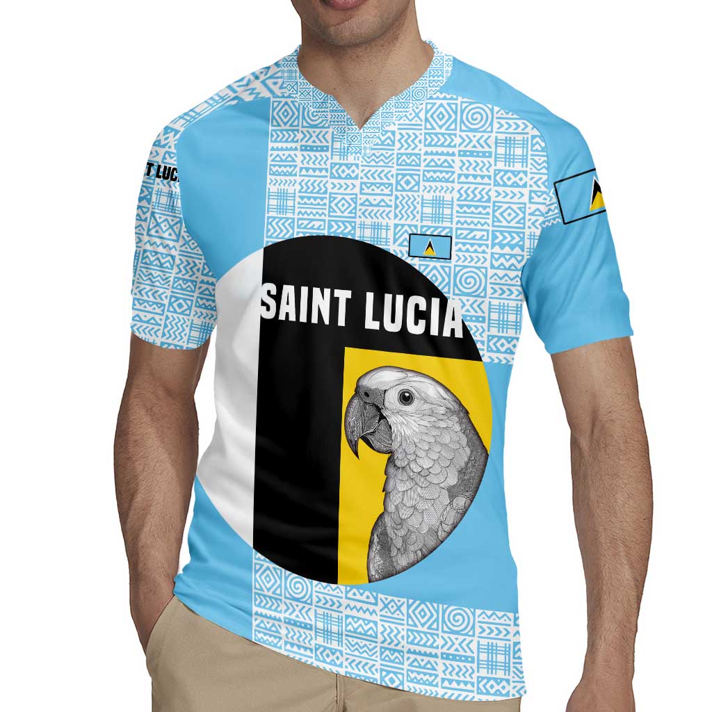 Saint Lucia Graphic Parrot Rugby Jersey with Tribal Pattern and Minimalist Blue Black Design - Wonder Print Shop