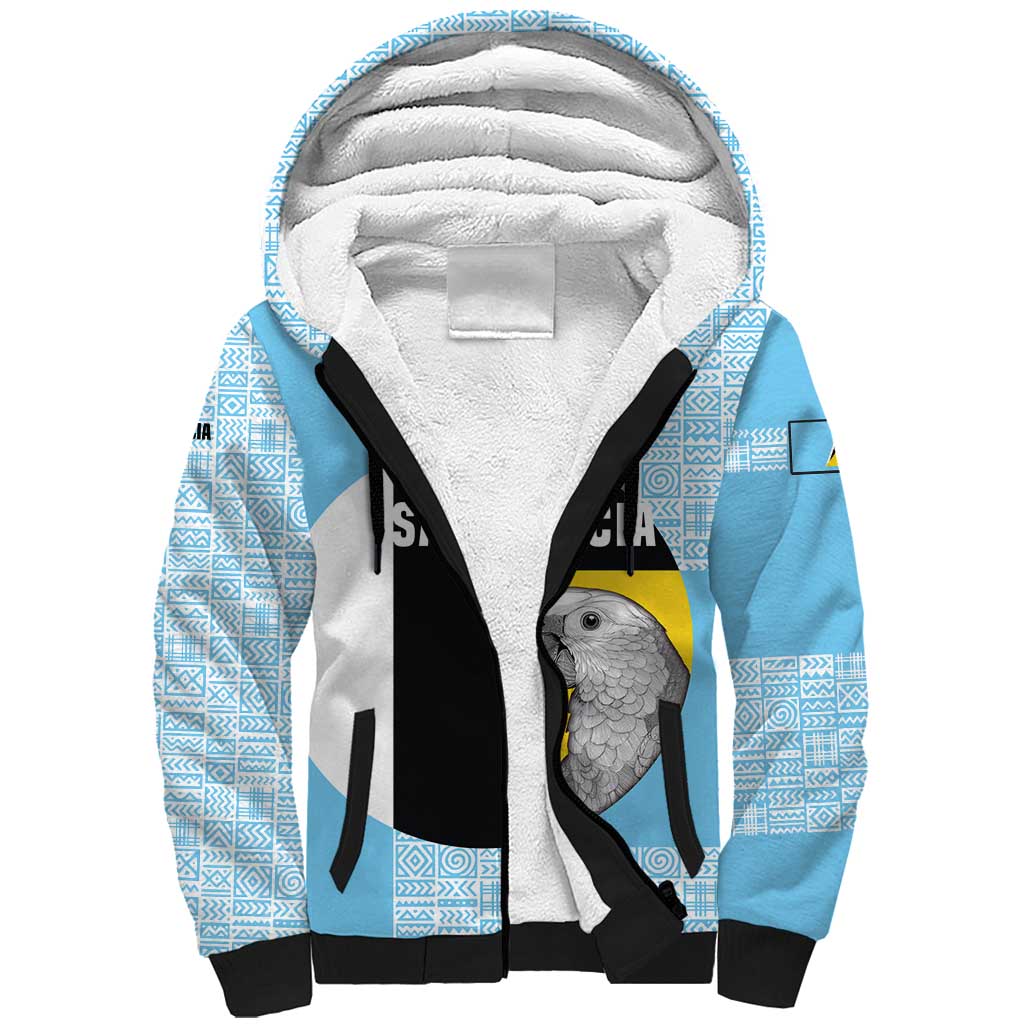 Saint Lucia Graphic Parrot Sherpa Hoodie with Tribal Pattern and Minimalist Blue Black Design - Wonder Print Shop