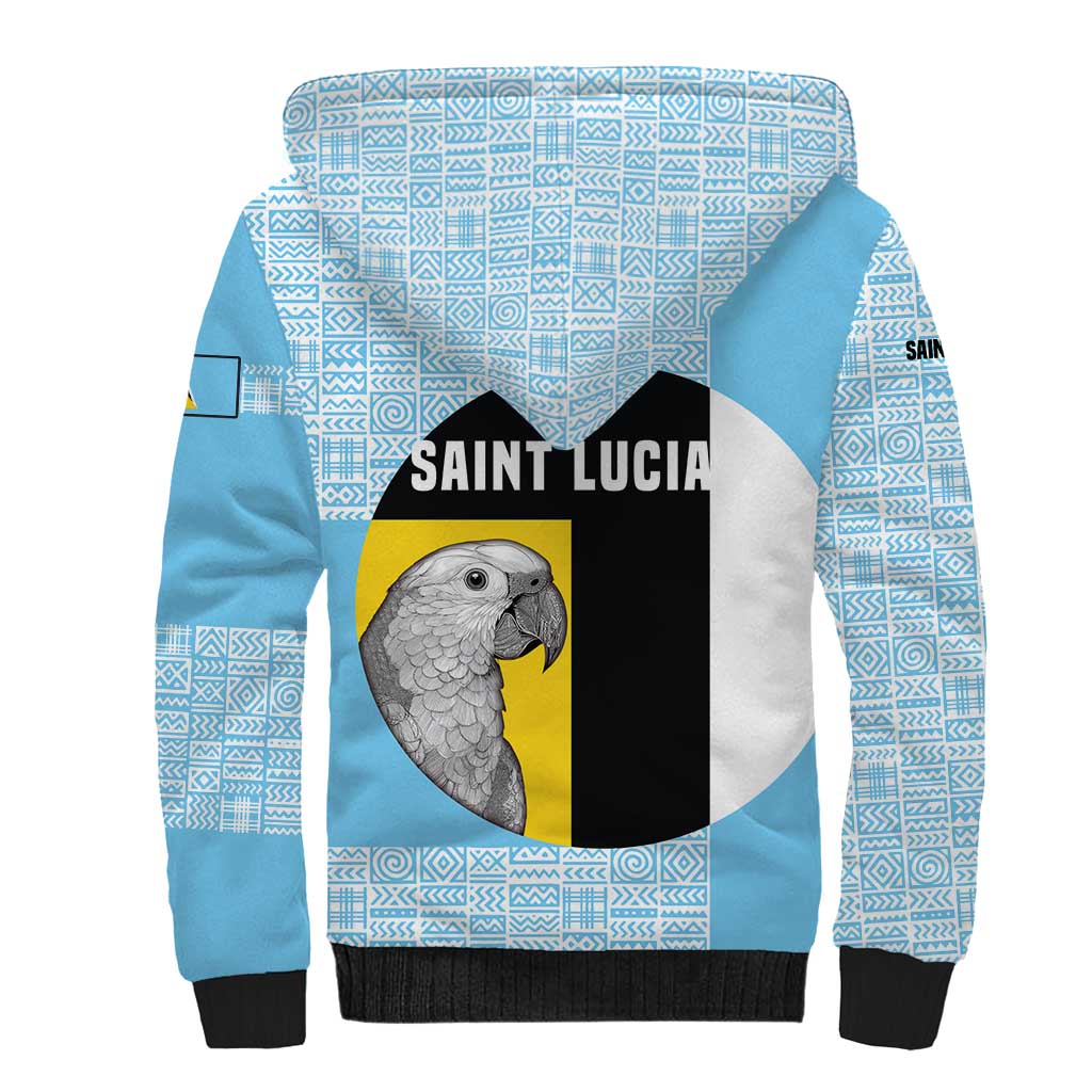 Saint Lucia Graphic Parrot Sherpa Hoodie with Tribal Pattern and Minimalist Blue Black Design - Wonder Print Shop