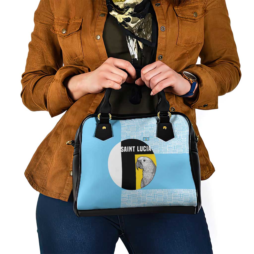 Saint Lucia Graphic Parrot Shoulder Handbag with Tribal Pattern and Minimalist Blue Black Design - Wonder Print Shop
