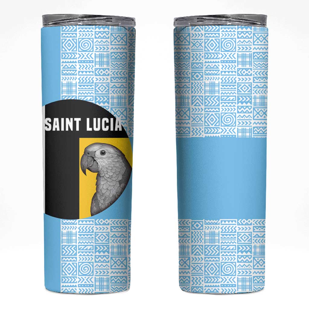 Saint Lucia Graphic Parrot Skinny Tumbler with Tribal Pattern and Minimalist Blue Black Design - Wonder Print Shop