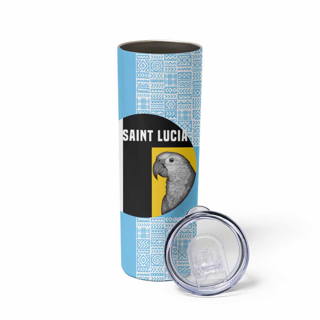 Saint Lucia Graphic Parrot Skinny Tumbler with Tribal Pattern and Minimalist Blue Black Design - Wonder Print Shop