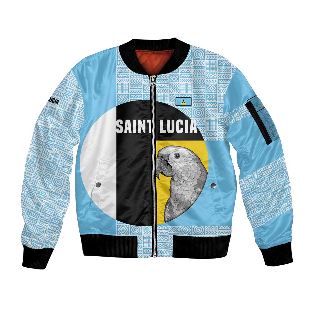 Saint Lucia Graphic Parrot Sleeve Zip Bomber Jacket with Tribal Pattern and Minimalist Blue Black Design - Wonder Print Shop
