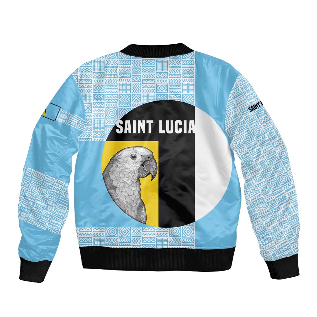 Saint Lucia Graphic Parrot Sleeve Zip Bomber Jacket with Tribal Pattern and Minimalist Blue Black Design - Wonder Print Shop