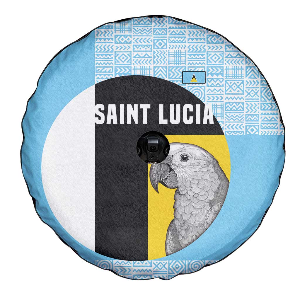 Saint Lucia Graphic Parrot Spare Tire Cover with Tribal Pattern and Minimalist Blue Black Design - Wonder Print Shop
