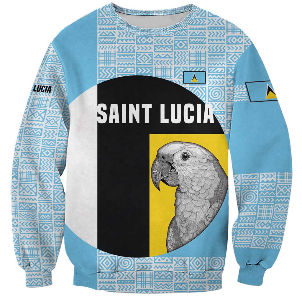 Saint Lucia Graphic Parrot Sweatshirt with Tribal Pattern and Minimalist Blue Black Design - Wonder Print Shop