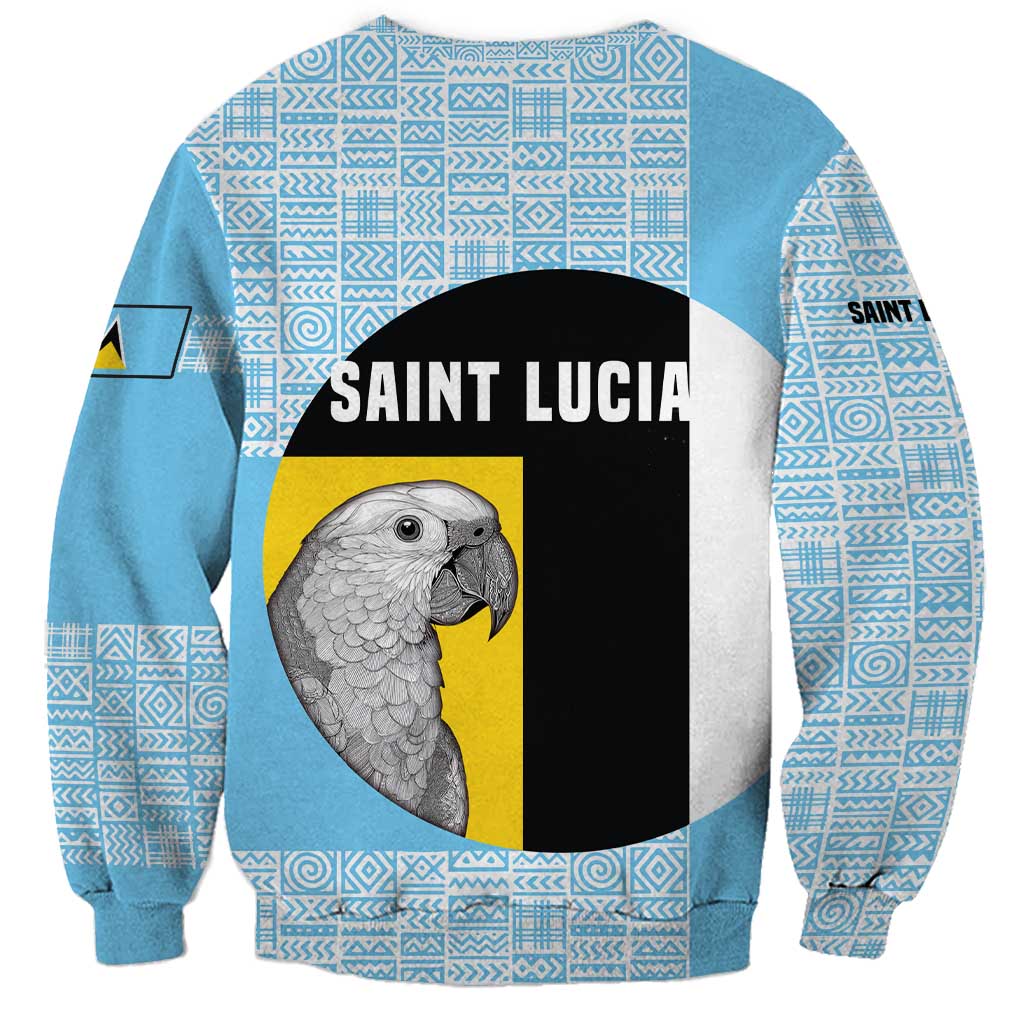 Saint Lucia Graphic Parrot Sweatshirt with Tribal Pattern and Minimalist Blue Black Design - Wonder Print Shop