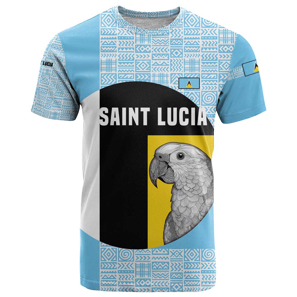 Saint Lucia Graphic Parrot T Shirt with Tribal Pattern and Minimalist Blue Black Design - Wonder Print Shop