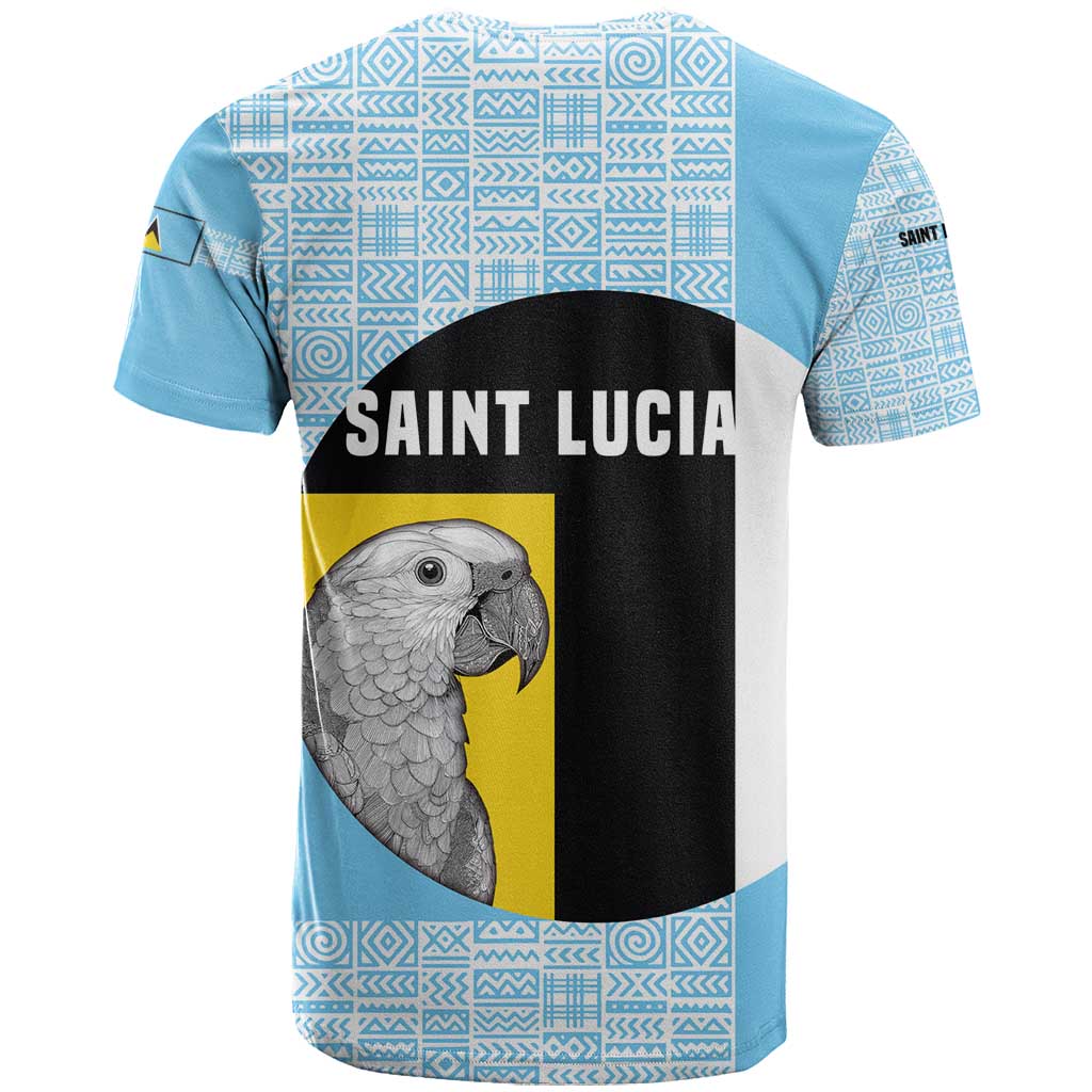 Saint Lucia Graphic Parrot T Shirt with Tribal Pattern and Minimalist Blue Black Design - Wonder Print Shop