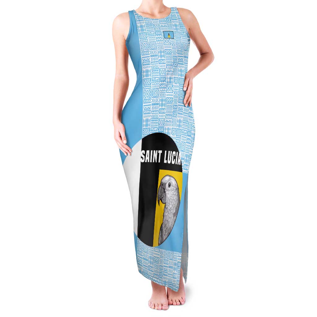 Saint Lucia Graphic Parrot Tank Maxi Dress with Tribal Pattern and Minimalist Blue Black Design - Wonder Print Shop