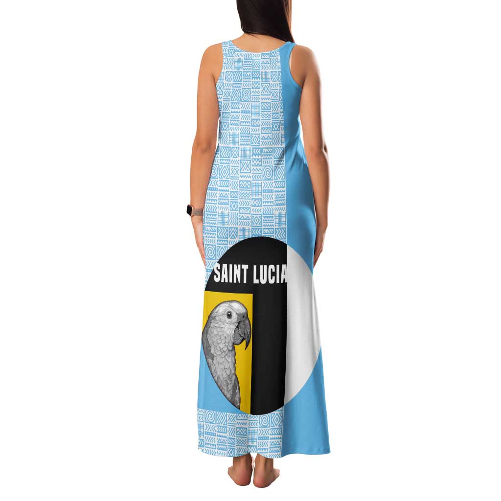 Saint Lucia Graphic Parrot Tank Maxi Dress with Tribal Pattern and Minimalist Blue Black Design - Wonder Print Shop