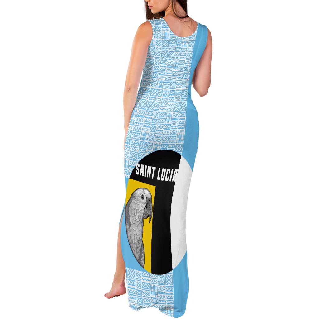 Saint Lucia Graphic Parrot Tank Maxi Dress with Tribal Pattern and Minimalist Blue Black Design - Wonder Print Shop