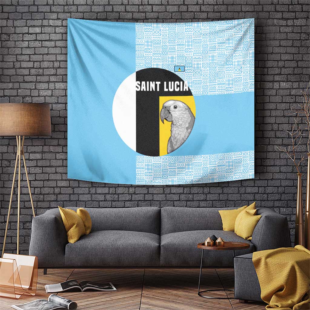 Saint Lucia Graphic Parrot Tapestry with Tribal Pattern and Minimalist Blue Black Design - Wonder Print Shop