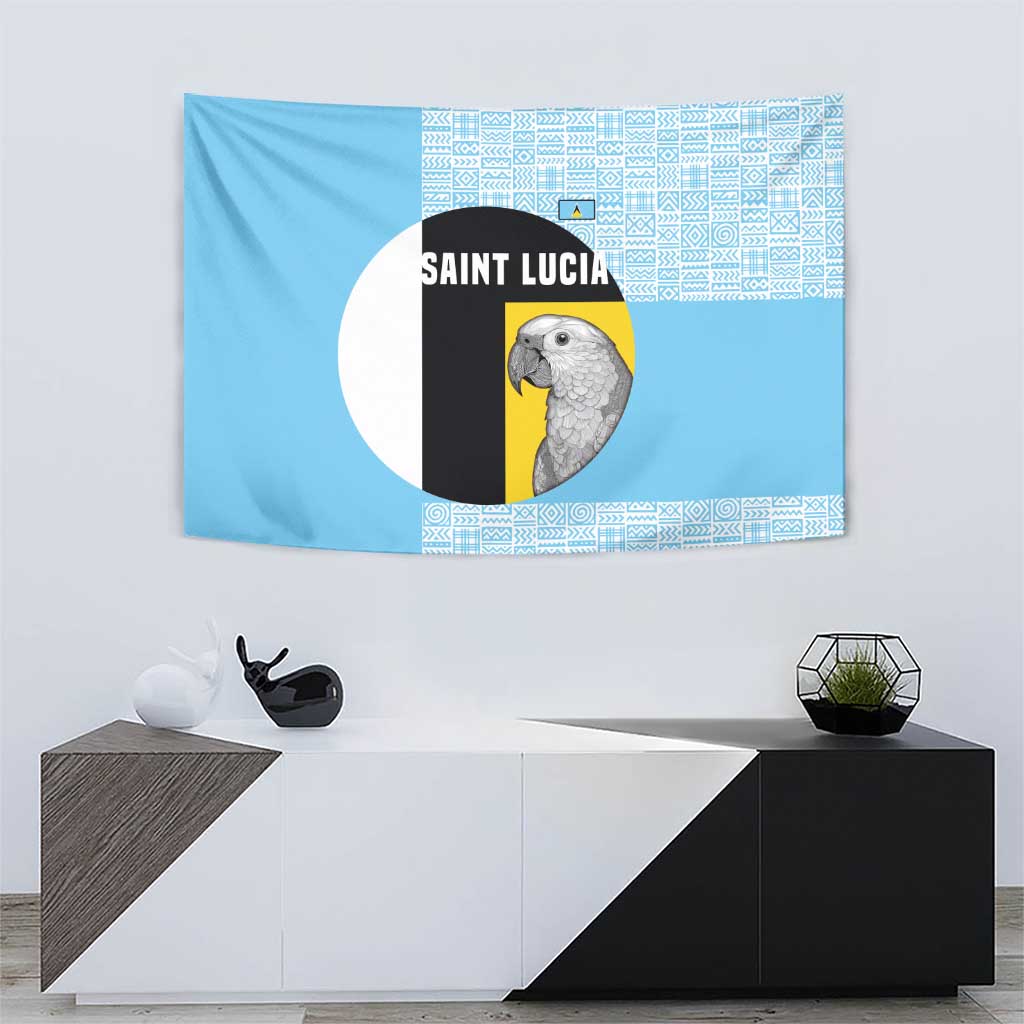 Saint Lucia Graphic Parrot Tapestry with Tribal Pattern and Minimalist Blue Black Design - Wonder Print Shop
