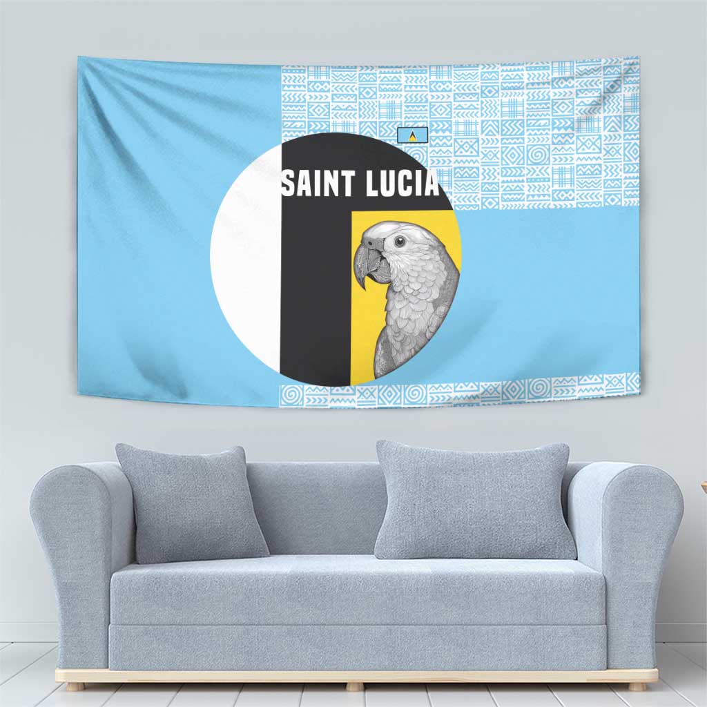 Saint Lucia Graphic Parrot Tapestry with Tribal Pattern and Minimalist Blue Black Design - Wonder Print Shop