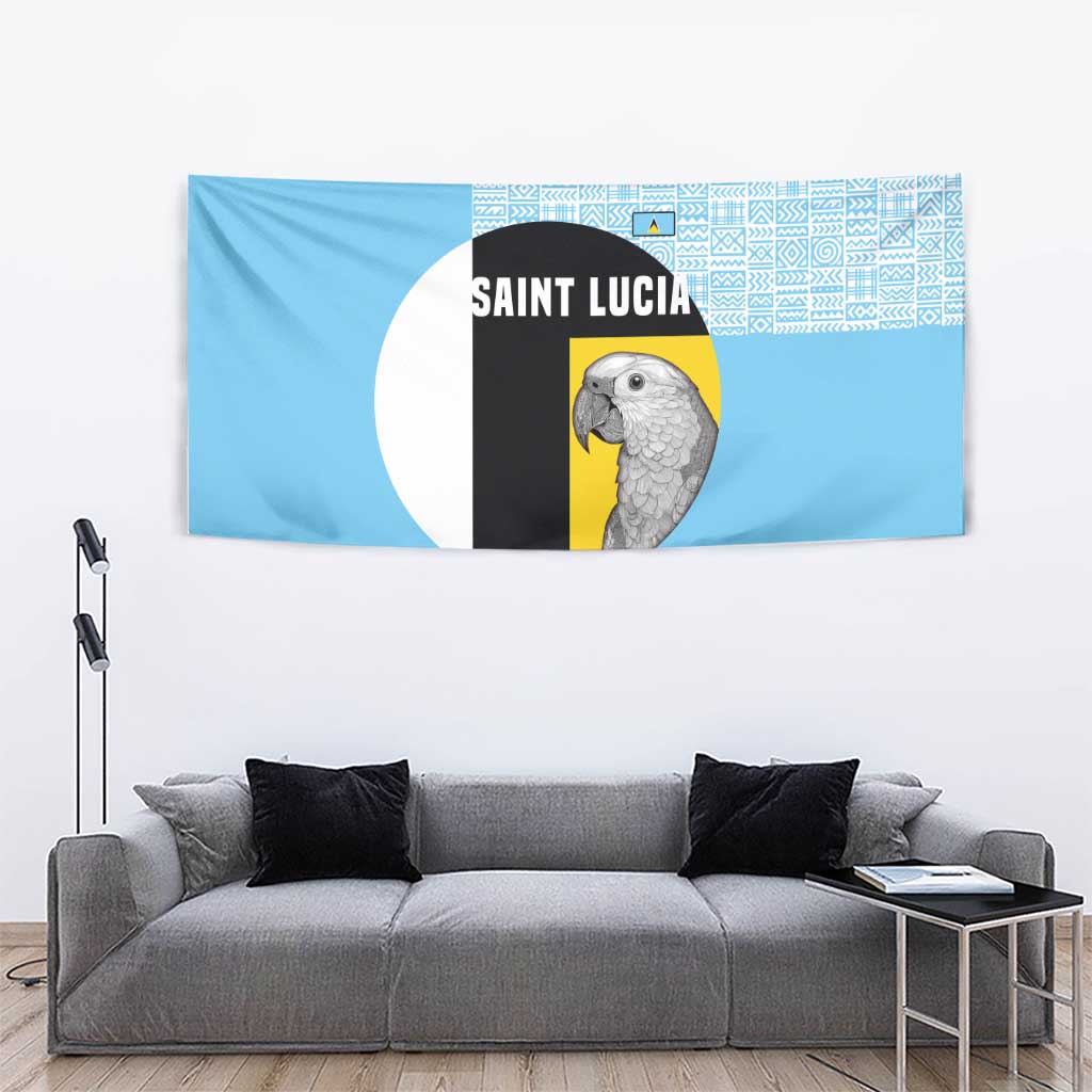 Saint Lucia Graphic Parrot Tapestry with Tribal Pattern and Minimalist Blue Black Design - Wonder Print Shop