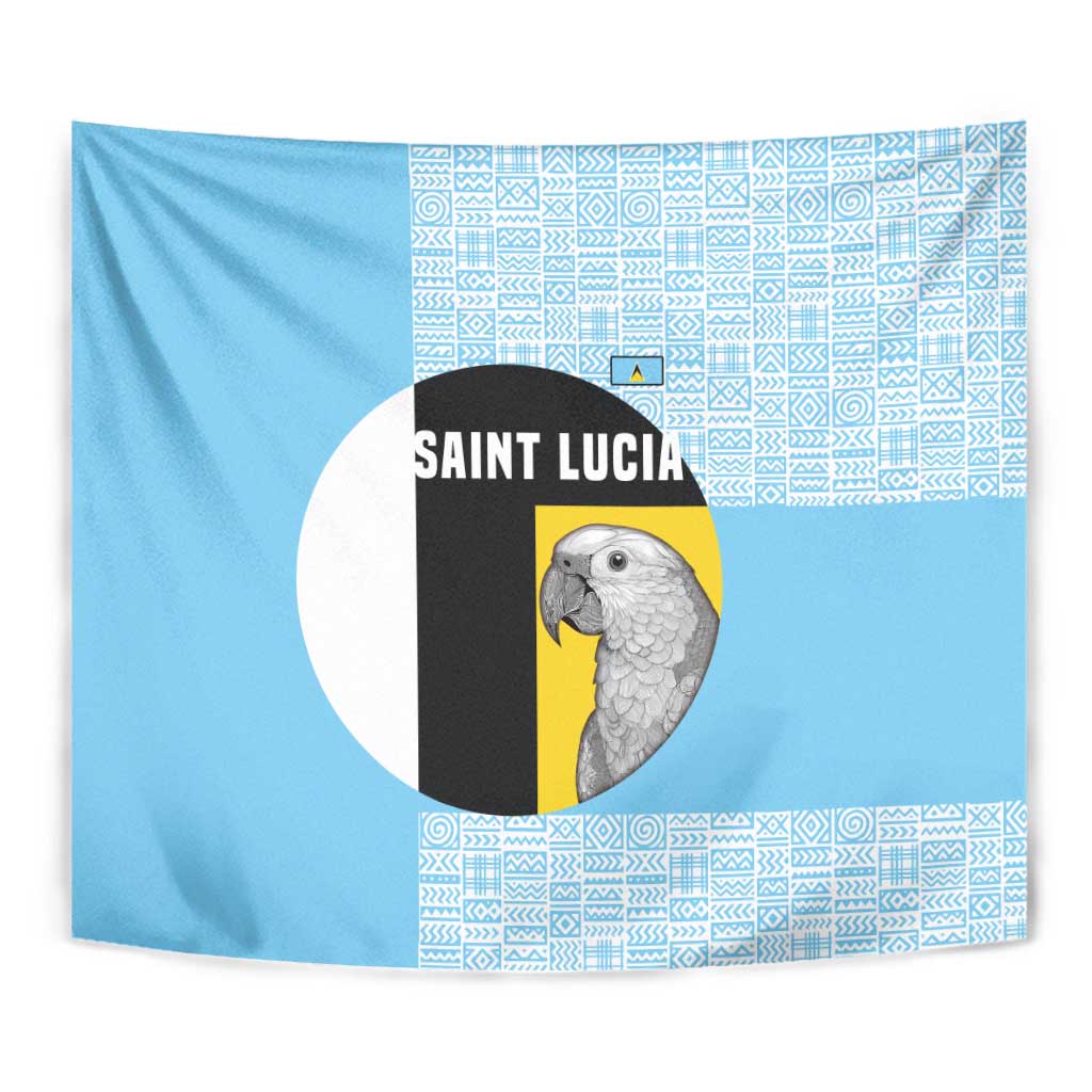 Saint Lucia Graphic Parrot Tapestry with Tribal Pattern and Minimalist Blue Black Design - Wonder Print Shop