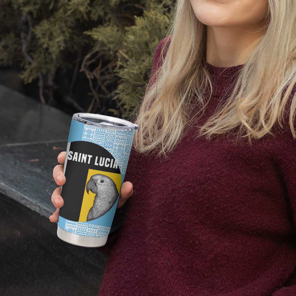 Saint Lucia Graphic Parrot Tumbler Cup with Tribal Pattern and Minimalist Blue Black Design - Wonder Print Shop