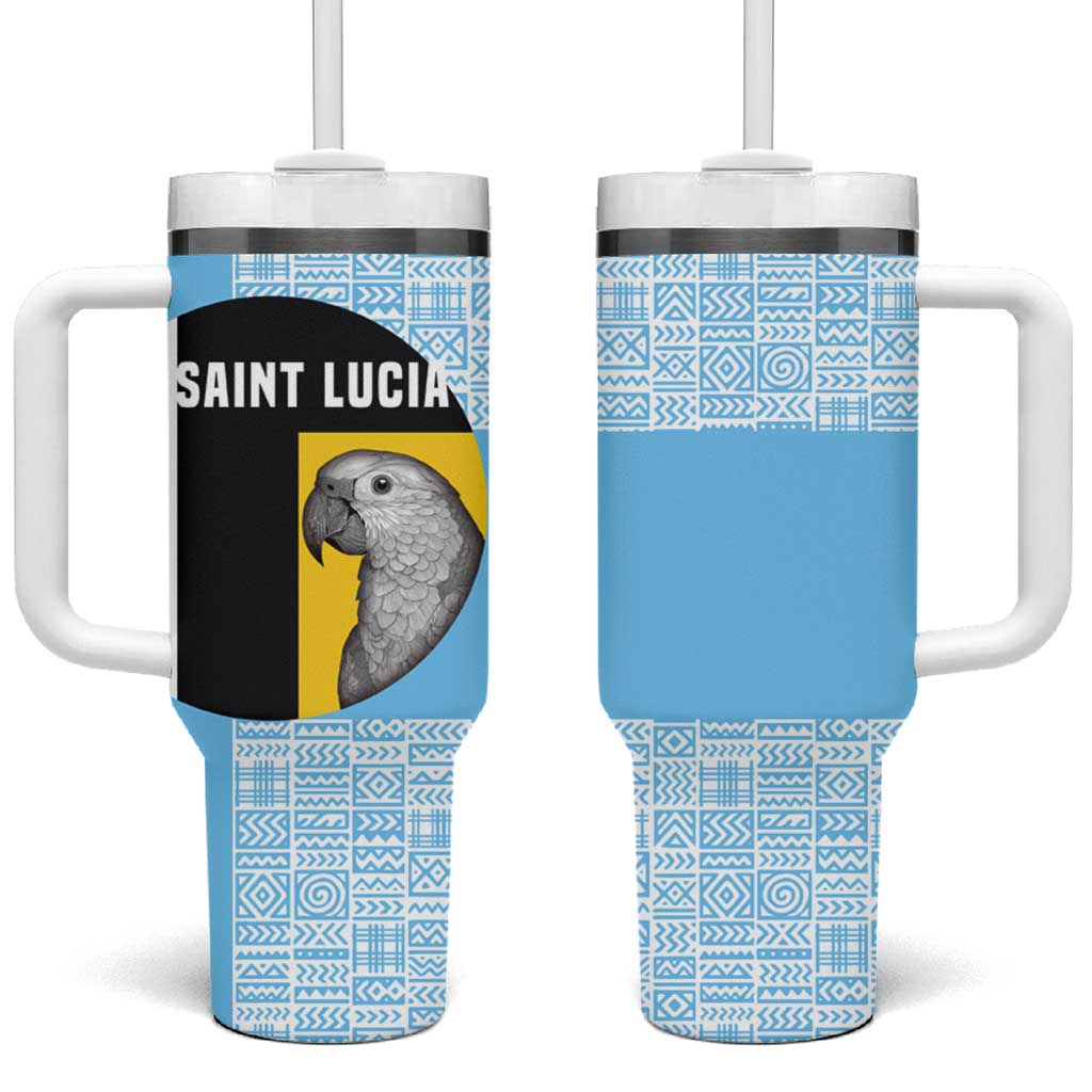 Saint Lucia Graphic Parrot Tumbler With Handle with Tribal Pattern and Minimalist Blue Black Design - Wonder Print Shop