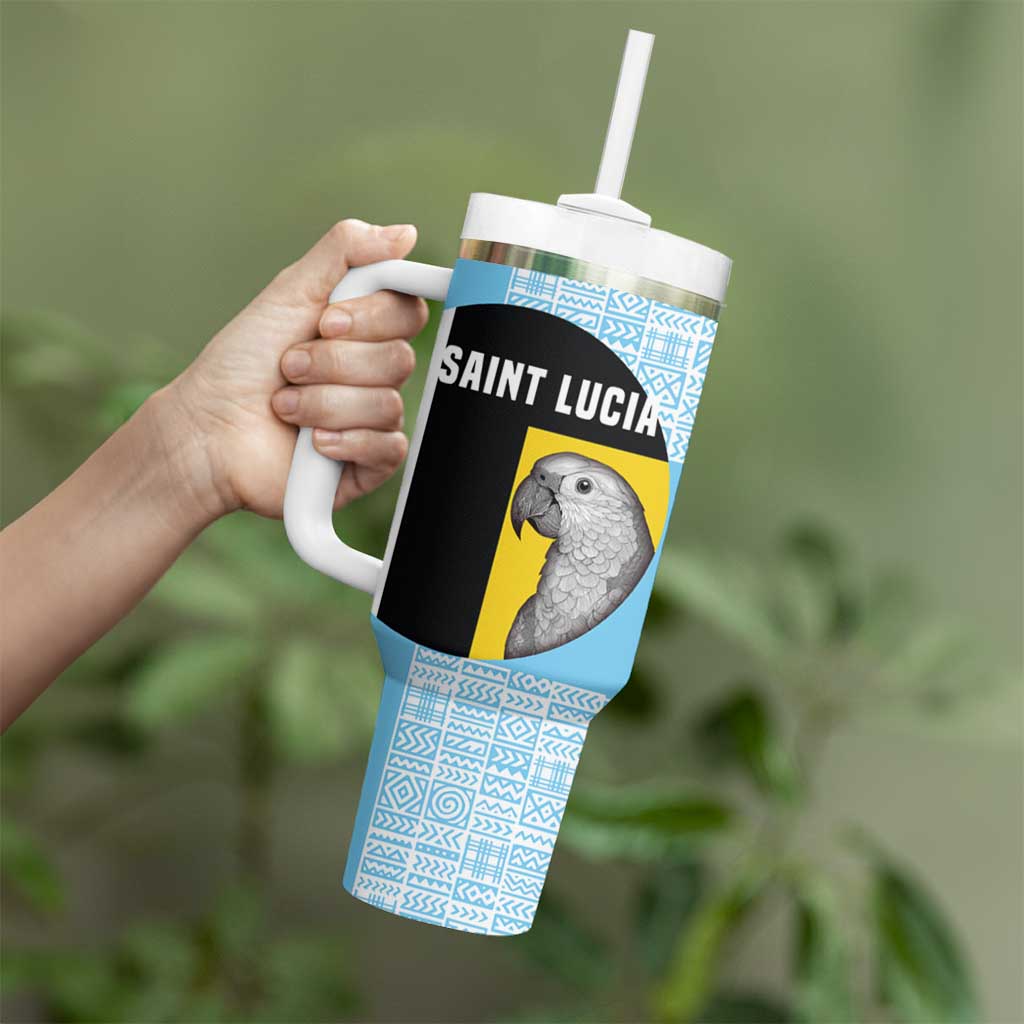 Saint Lucia Graphic Parrot Tumbler With Handle with Tribal Pattern and Minimalist Blue Black Design - Wonder Print Shop