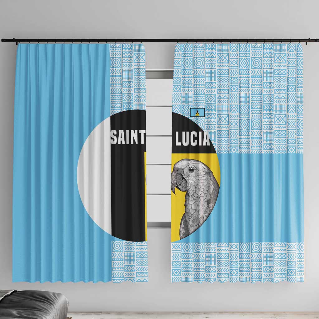 Saint Lucia Graphic Parrot Window Curtain with Tribal Pattern and Minimalist Blue Black Design - Wonder Print Shop