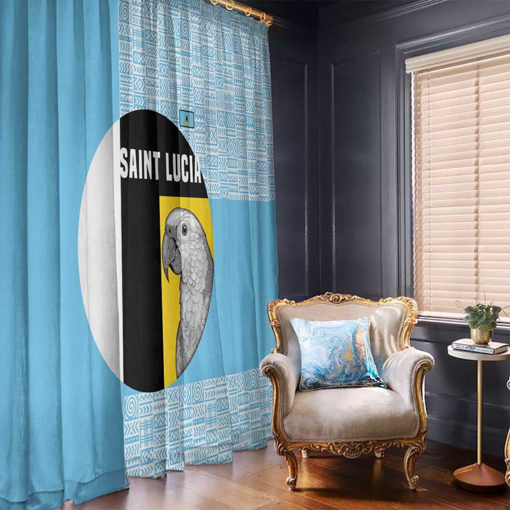Saint Lucia Graphic Parrot Window Curtain with Tribal Pattern and Minimalist Blue Black Design - Wonder Print Shop