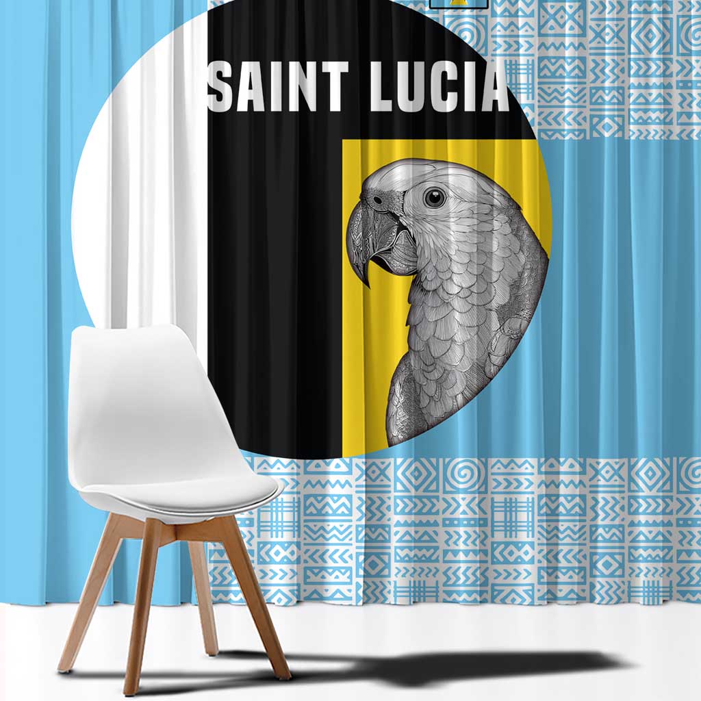 Saint Lucia Graphic Parrot Window Curtain with Tribal Pattern and Minimalist Blue Black Design - Wonder Print Shop