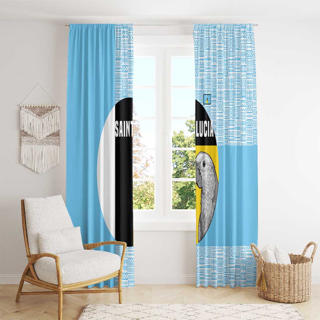Saint Lucia Graphic Parrot Window Curtain with Tribal Pattern and Minimalist Blue Black Design - Wonder Print Shop