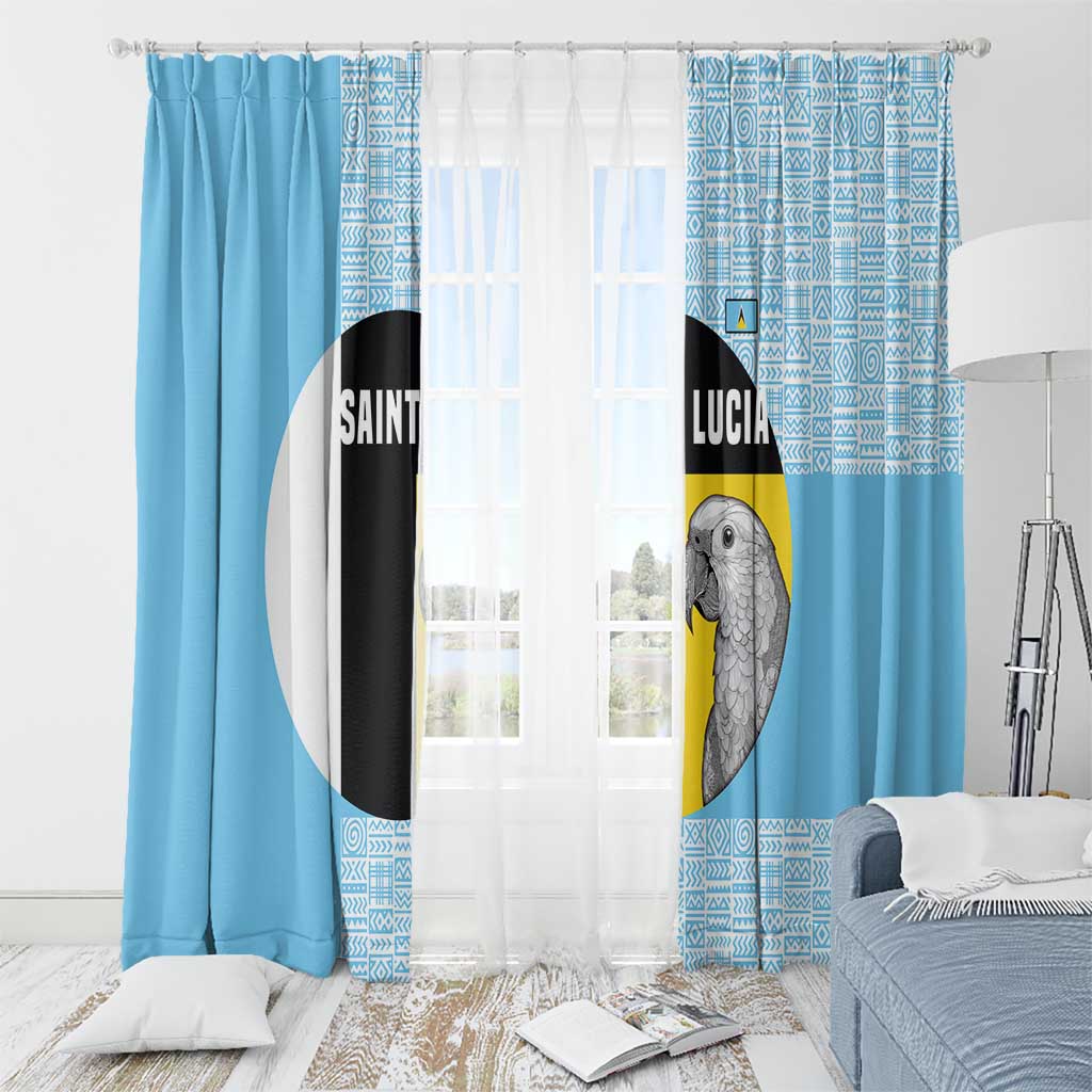 Saint Lucia Graphic Parrot Window Curtain with Tribal Pattern and Minimalist Blue Black Design - Wonder Print Shop