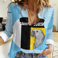 Saint Lucia Graphic Parrot Women Casual Shirt with Tribal Pattern and Minimalist Blue Black Design - Wonder Print Shop