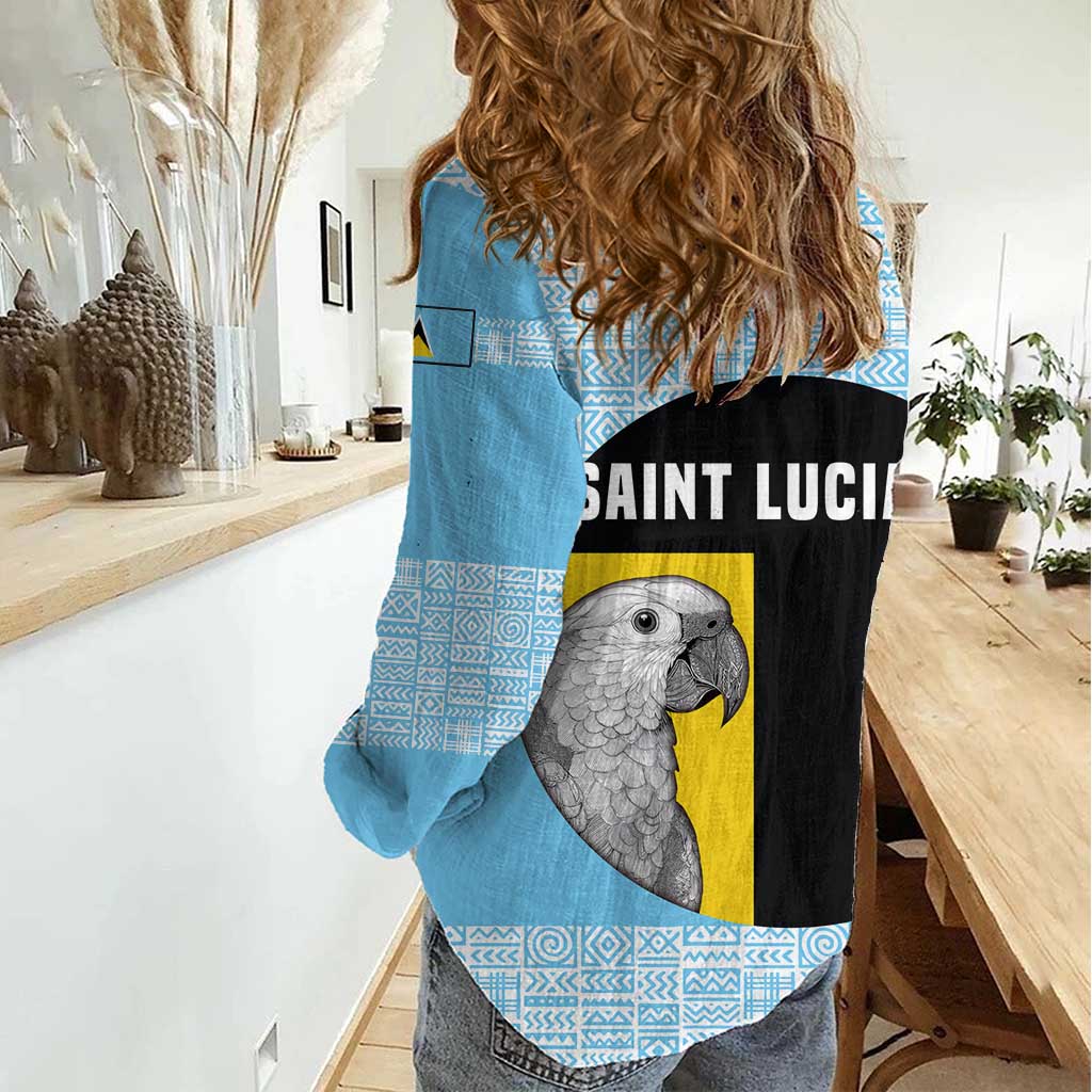 Saint Lucia Graphic Parrot Women Casual Shirt with Tribal Pattern and Minimalist Blue Black Design - Wonder Print Shop