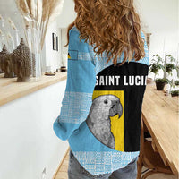 Saint Lucia Graphic Parrot Women Casual Shirt with Tribal Pattern and Minimalist Blue Black Design - Wonder Print Shop