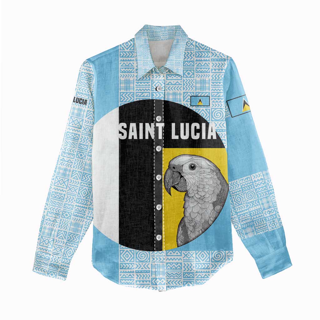 Saint Lucia Graphic Parrot Women Casual Shirt with Tribal Pattern and Minimalist Blue Black Design - Wonder Print Shop