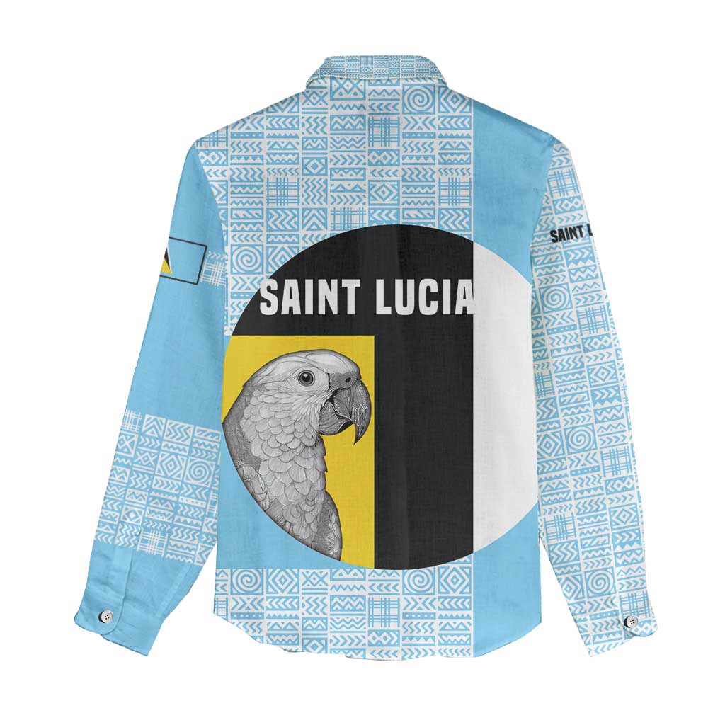 Saint Lucia Graphic Parrot Women Casual Shirt with Tribal Pattern and Minimalist Blue Black Design - Wonder Print Shop