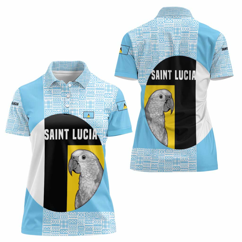 Saint Lucia Graphic Parrot Women Polo Shirt with Tribal Pattern and Minimalist Blue Black Design - Wonder Print Shop