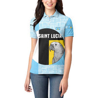 Saint Lucia Graphic Parrot Women Polo Shirt with Tribal Pattern and Minimalist Blue Black Design - Wonder Print Shop
