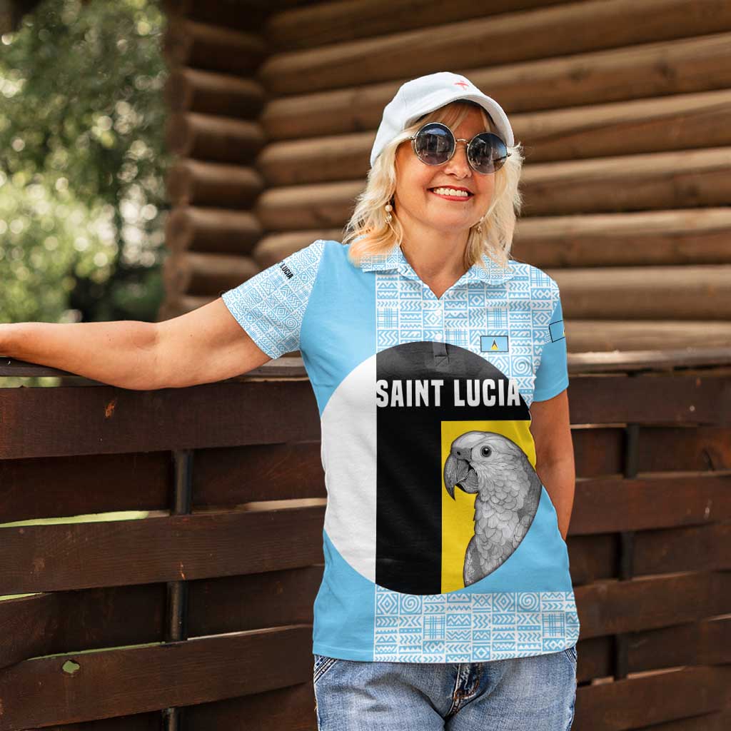 Saint Lucia Graphic Parrot Women Polo Shirt with Tribal Pattern and Minimalist Blue Black Design - Wonder Print Shop