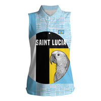 Saint Lucia Graphic Parrot Women Sleeveless Polo Shirt with Tribal Pattern and Minimalist Blue Black Design - Wonder Print Shop