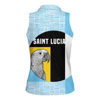 Saint Lucia Graphic Parrot Women Sleeveless Polo Shirt with Tribal Pattern and Minimalist Blue Black Design - Wonder Print Shop