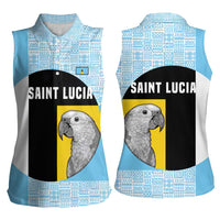 Saint Lucia Graphic Parrot Women Sleeveless Polo Shirt with Tribal Pattern and Minimalist Blue Black Design - Wonder Print Shop