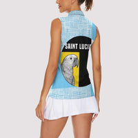Saint Lucia Graphic Parrot Women Sleeveless Polo Shirt with Tribal Pattern and Minimalist Blue Black Design - Wonder Print Shop